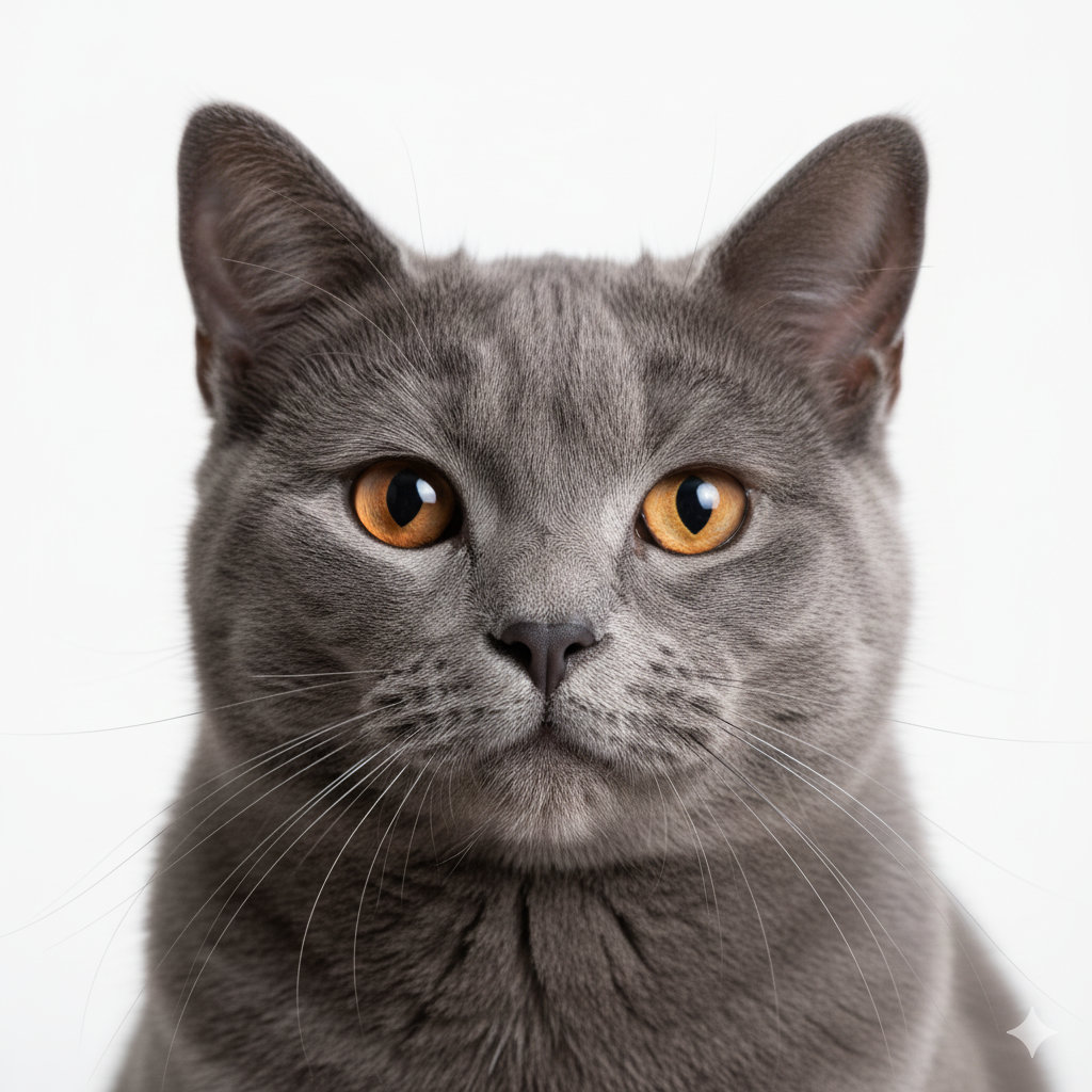 Chartreux head portrait with alert expression