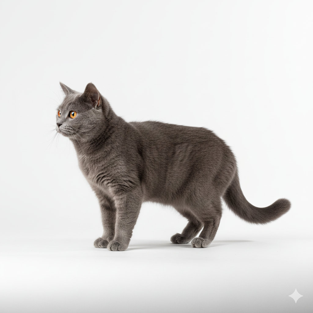 Chartreux standing, side profile view