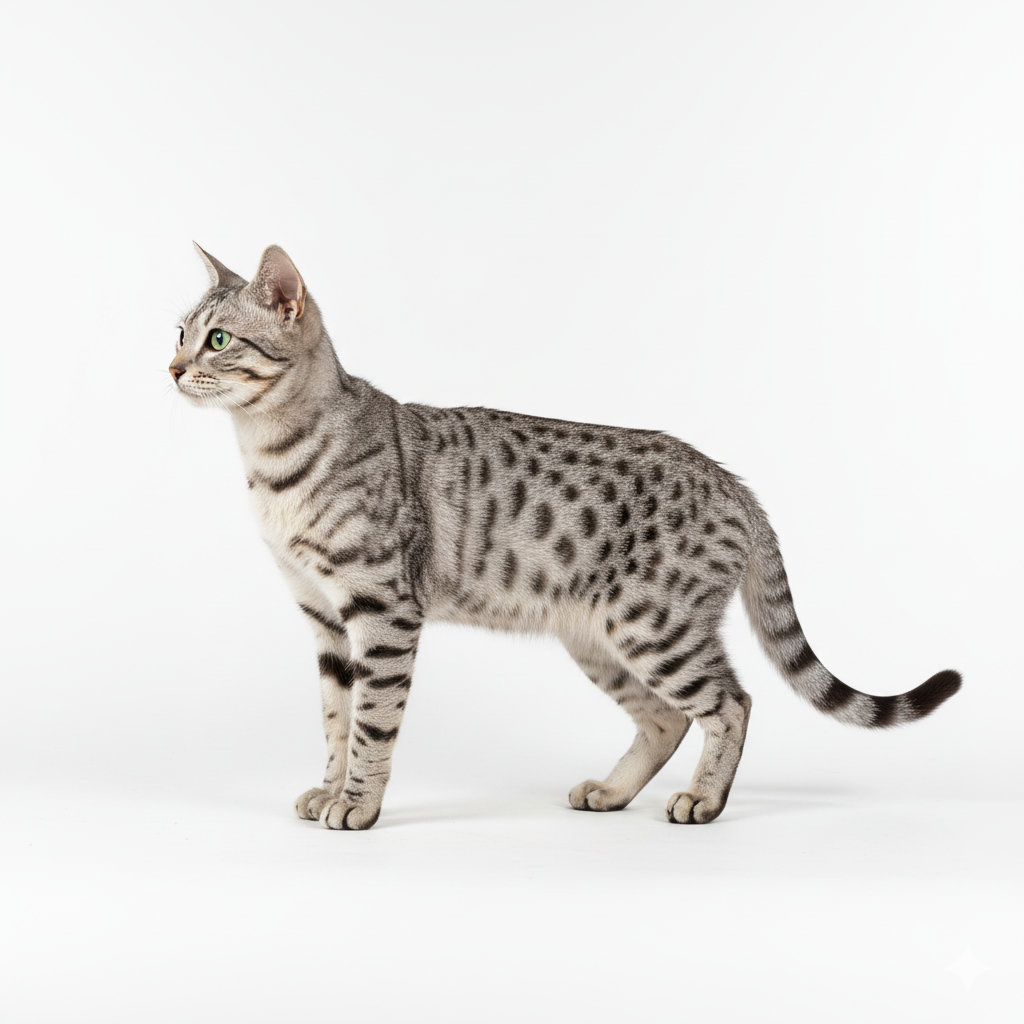 Egyptian Mau standing, side profile view