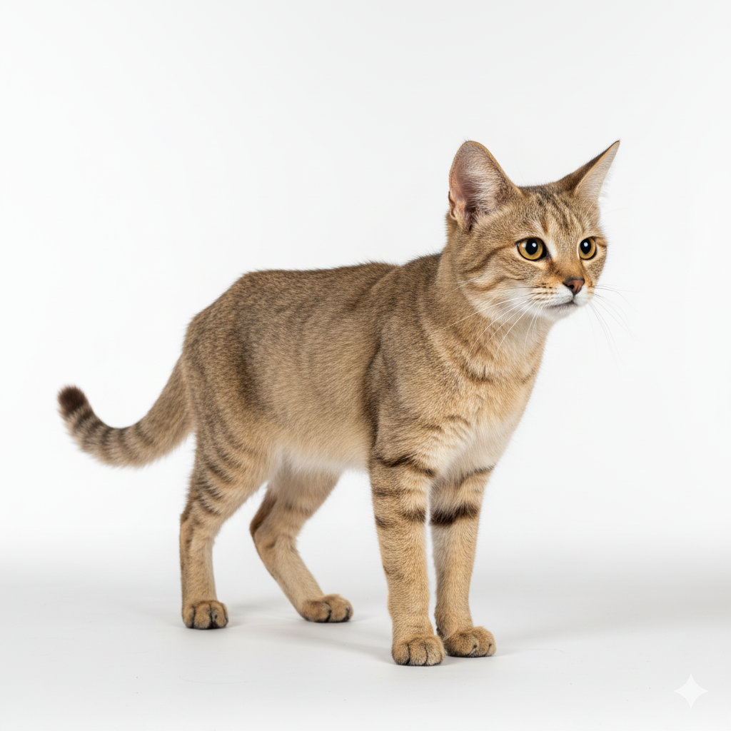 Fawn cat standing, side profile view