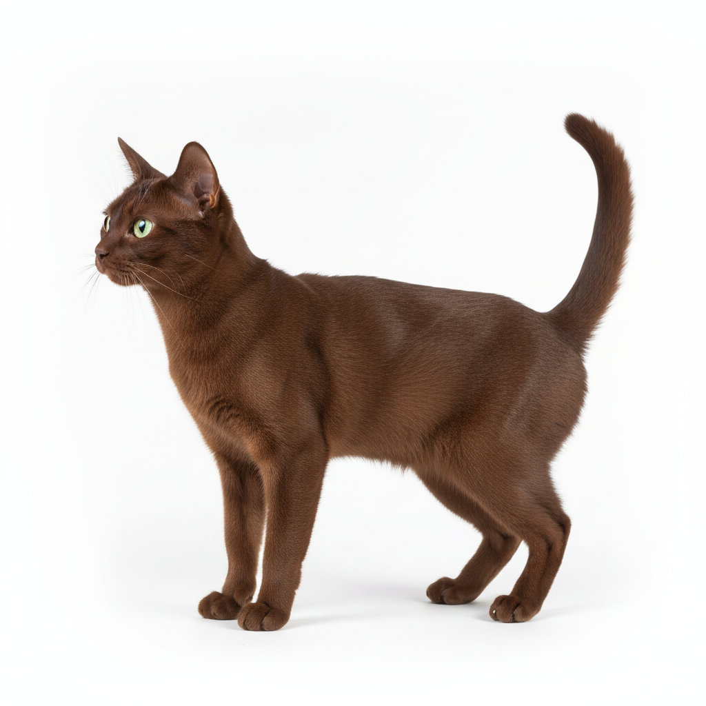Havana Cat standing, side profile view