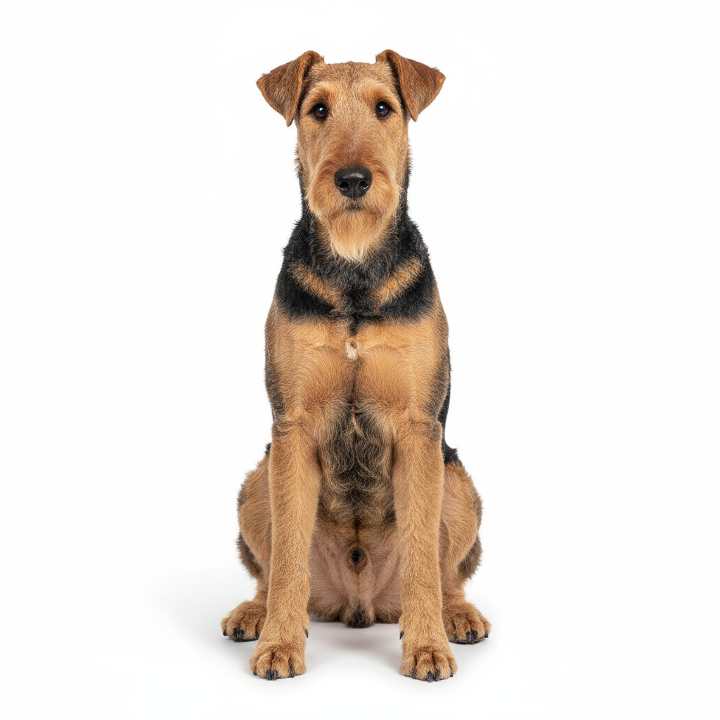Airedale Terrier sitting, front view