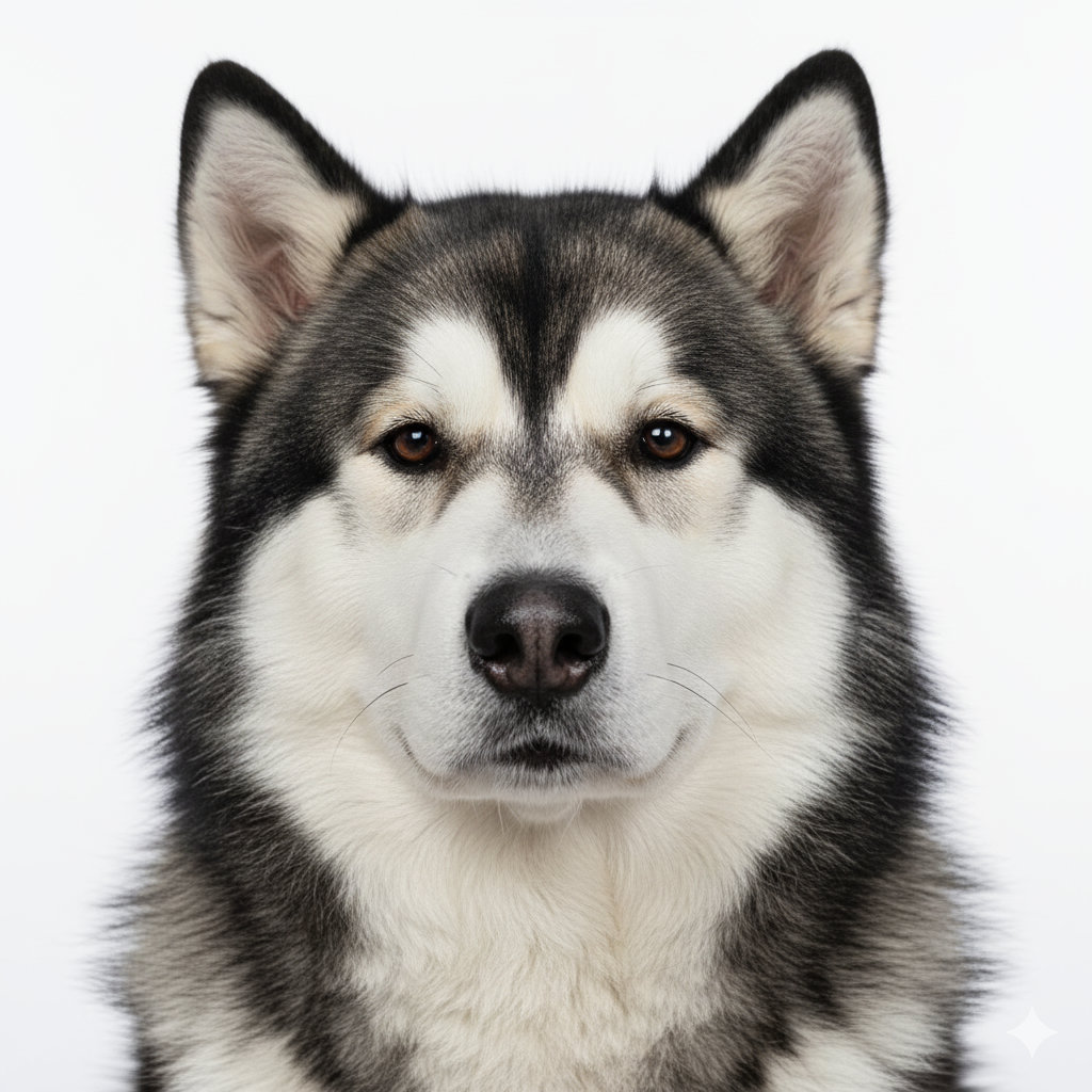 Alaskan Malamute head portrait with alert expression