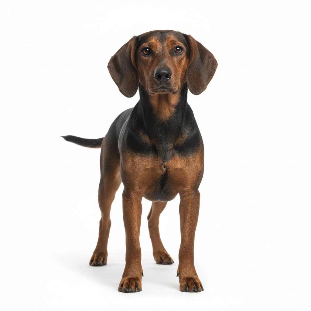 Alpine Dachsbracke standing, side profile view