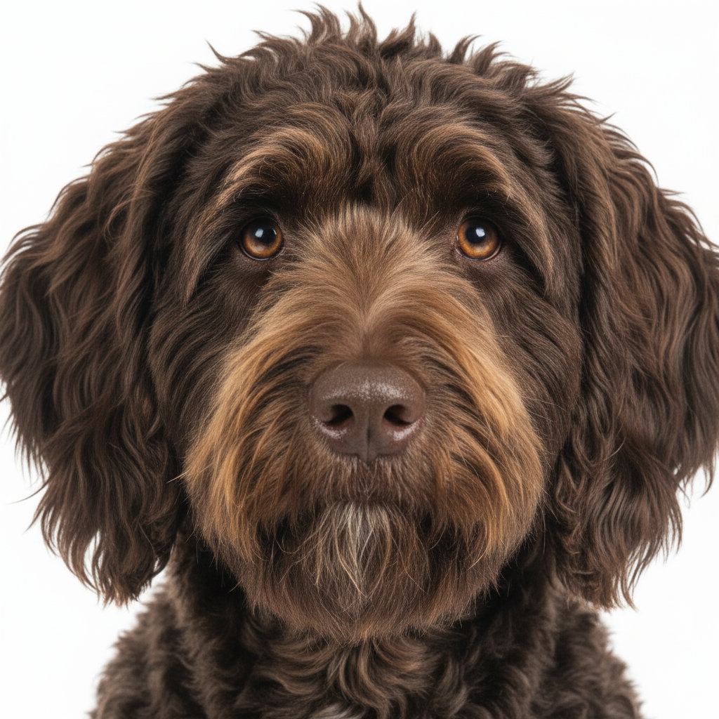 Barbet head portrait with alert expression