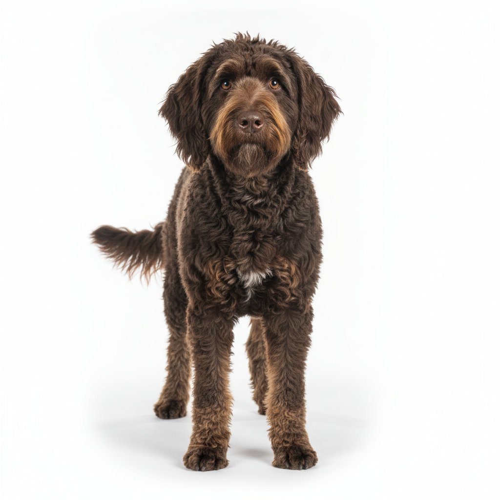 Barbet standing, side profile view