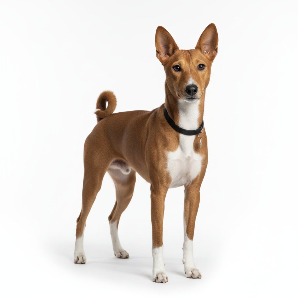 Basenji standing, side profile view