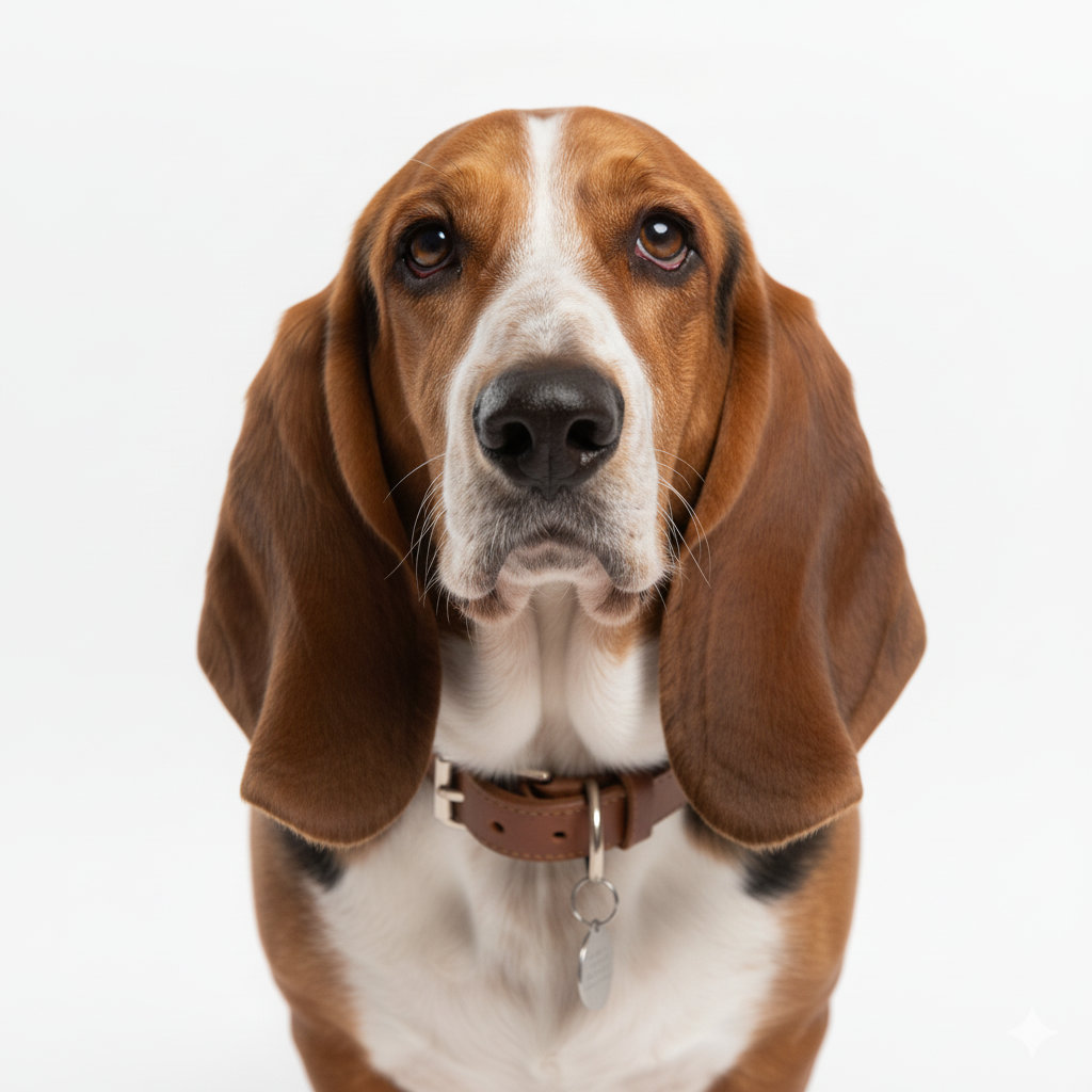 Basset Hound head portrait with alert expression