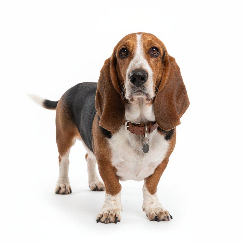 Basset Hound standing, side profile view