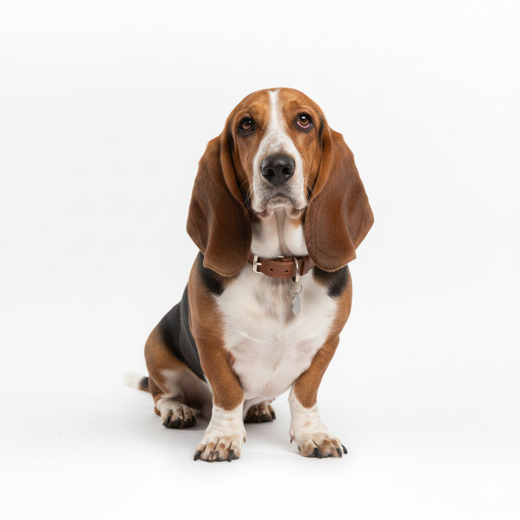 Basset Hound sitting, front view