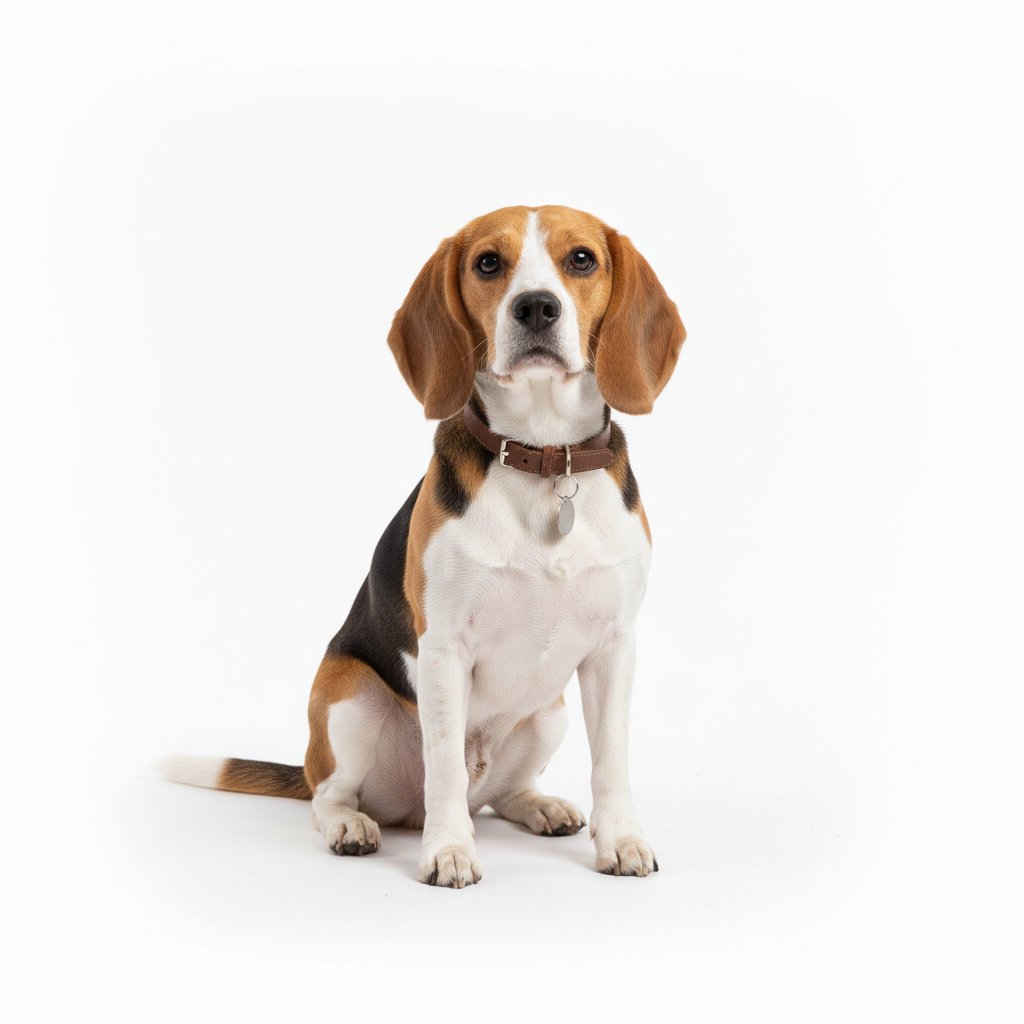 Beagle sitting, front view