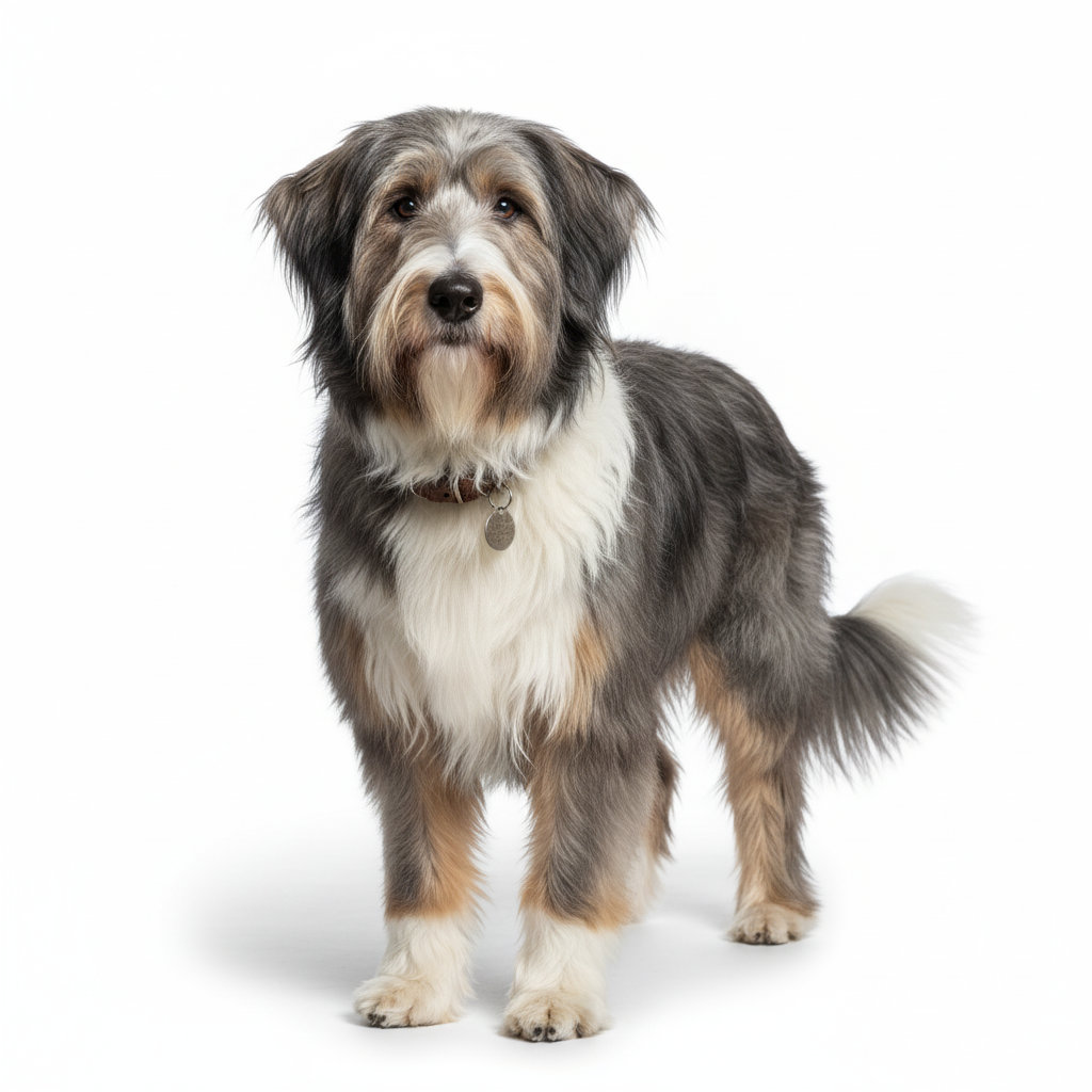 Bearded Collie standing, side profile view