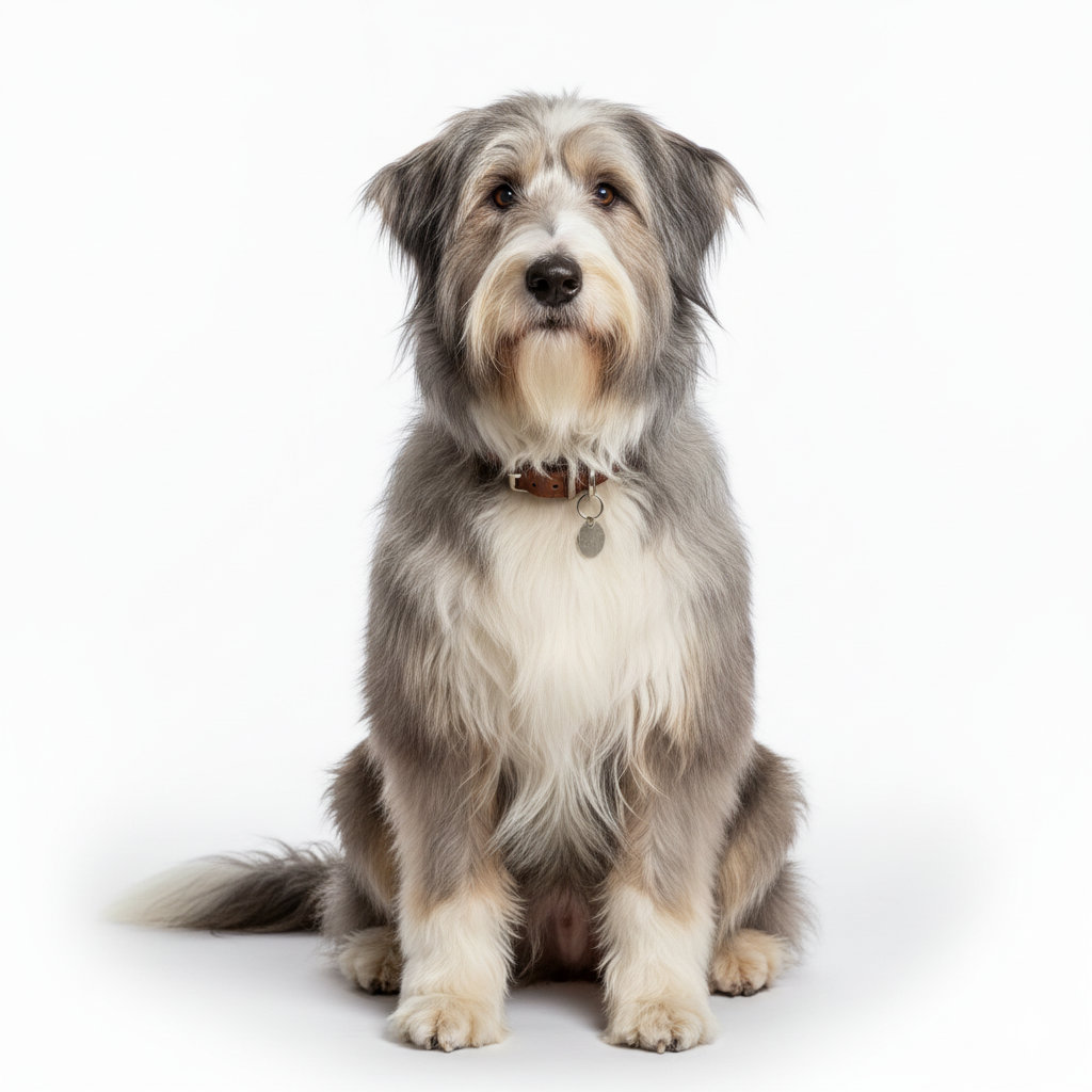 Bearded Collie sitting, front view
