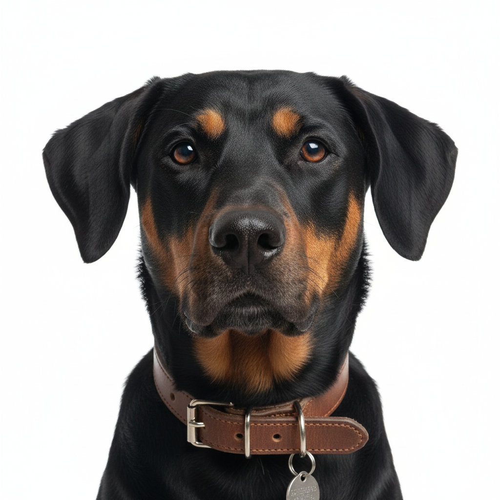 Beauceron head portrait with alert expression