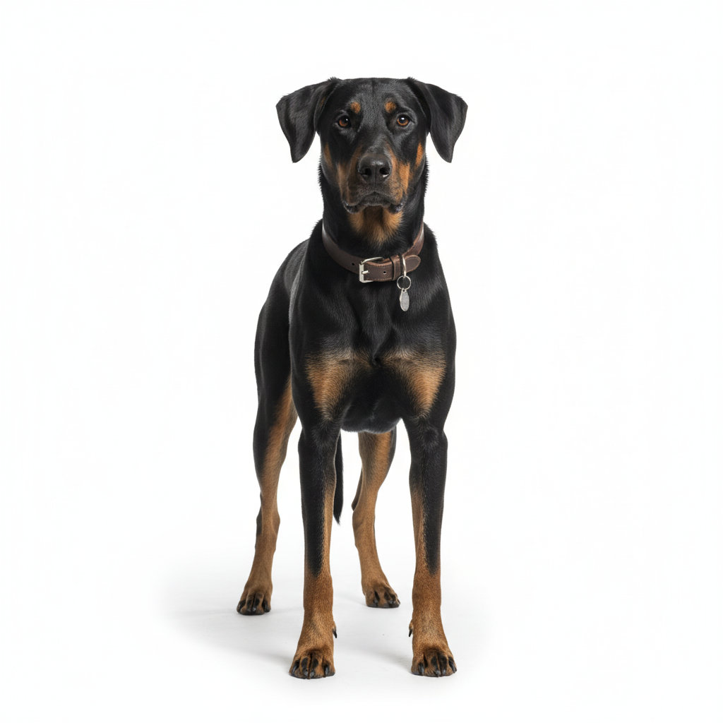 Beauceron standing, side profile view