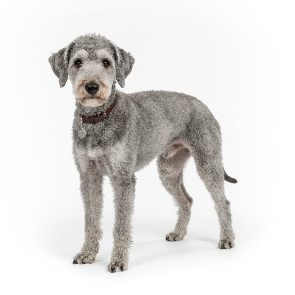 Bedlington Terrier standing, side profile view