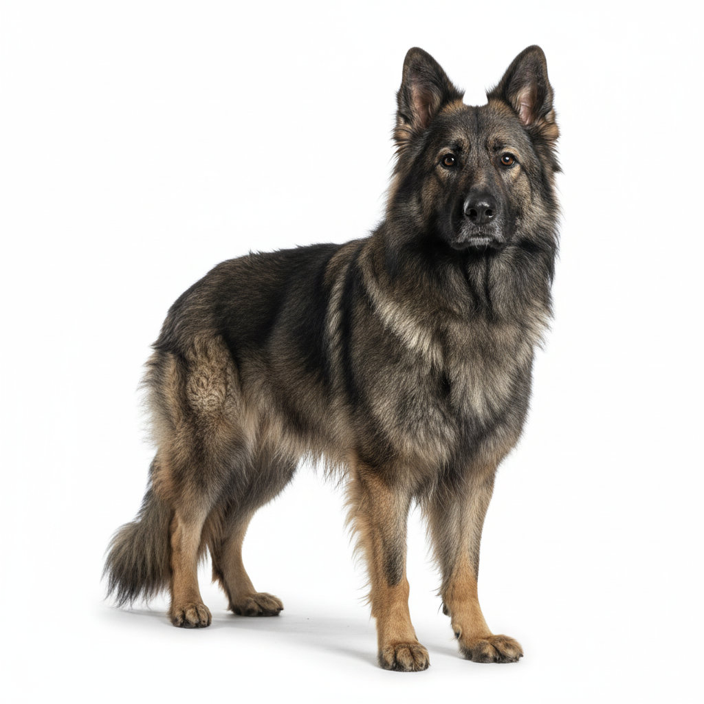 Old German Herding Dog standing, side profile view