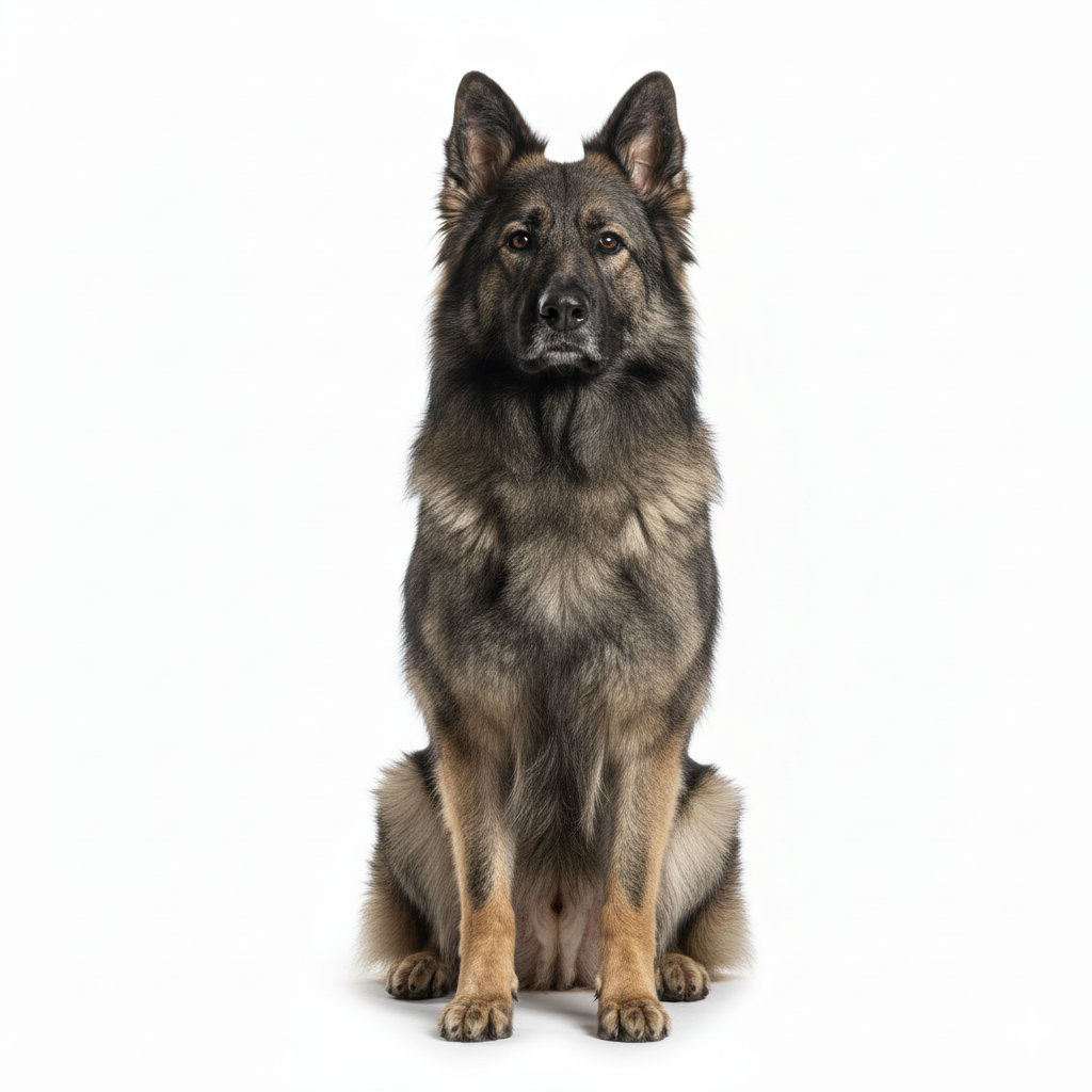 Old German Herding Dog sitting, front view