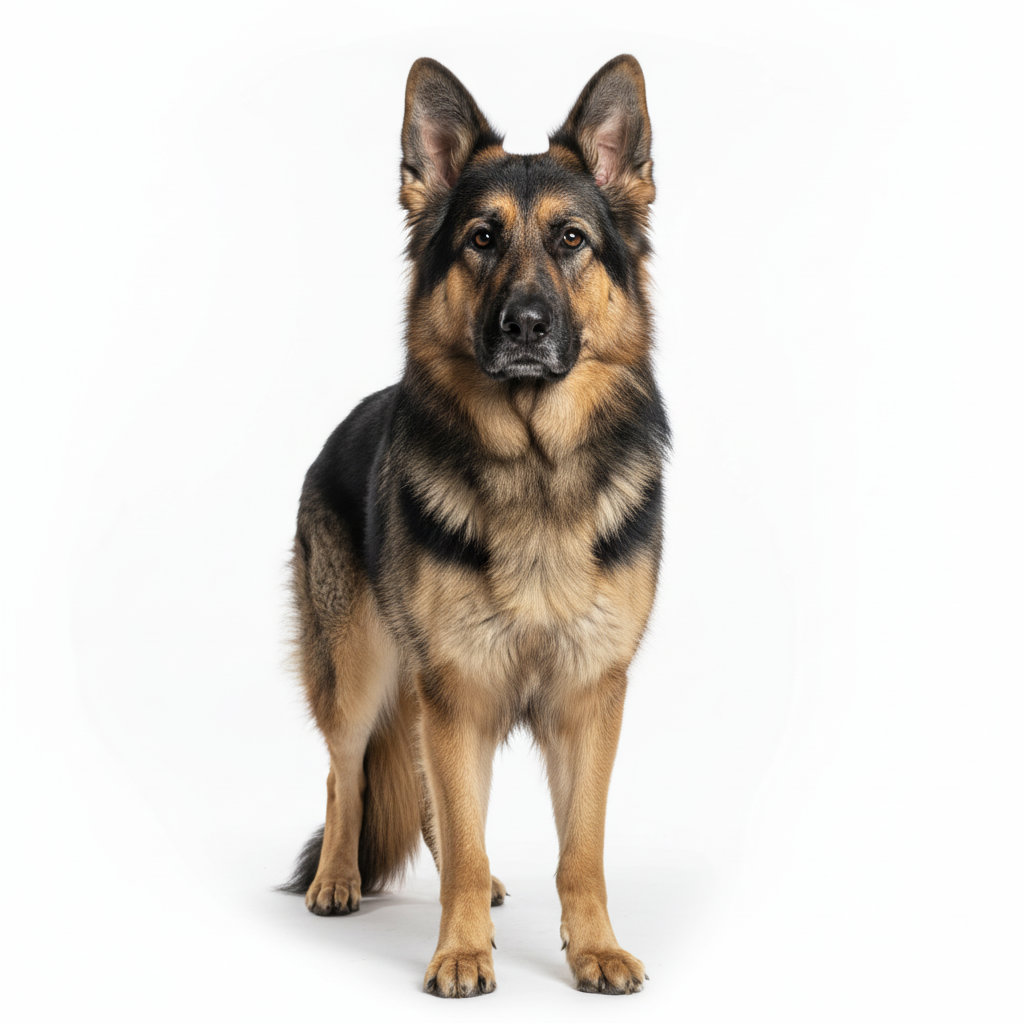 Old German Shepherd Dog standing, side profile view