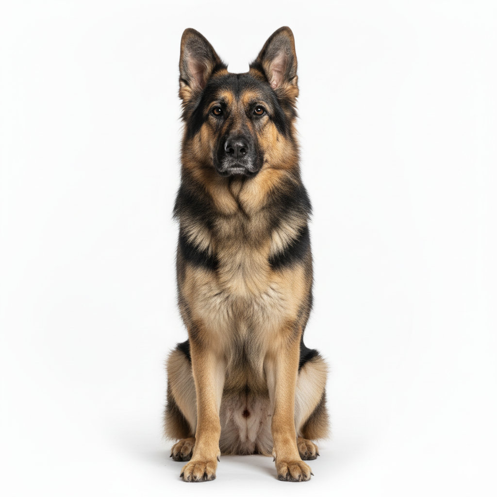 Old German Shepherd Dog sitting, front view