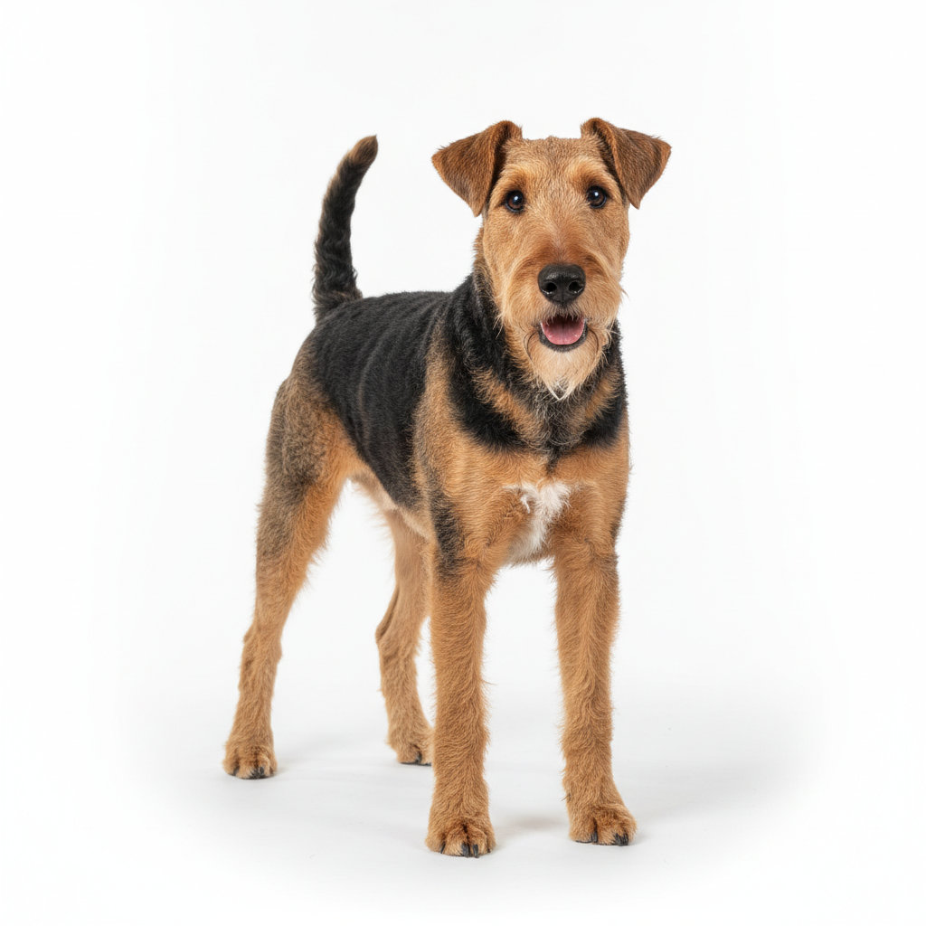Airedale Terrier im Stand, seitliches Profil, schwarz-lohnes Fell