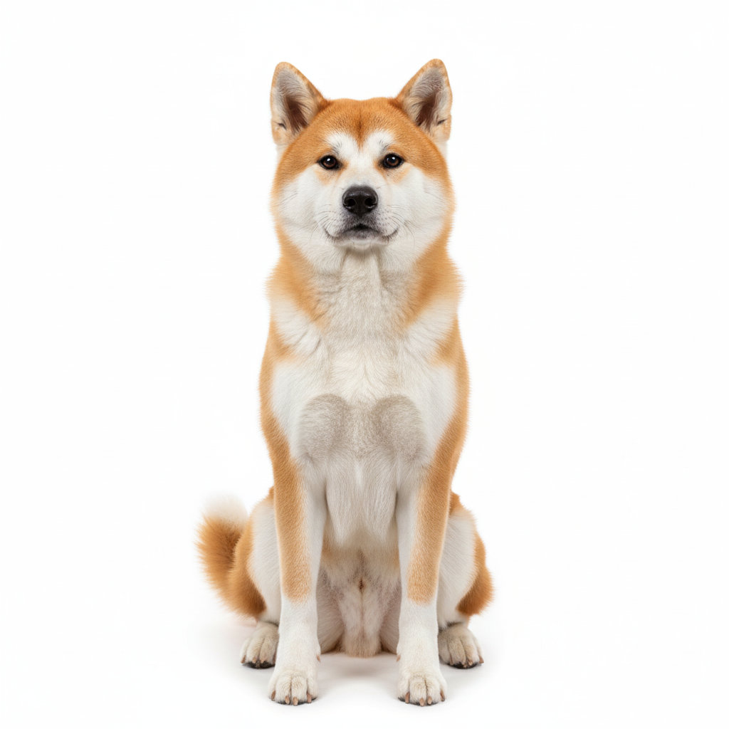 Akita Inu sitzend, frontal fotografiert