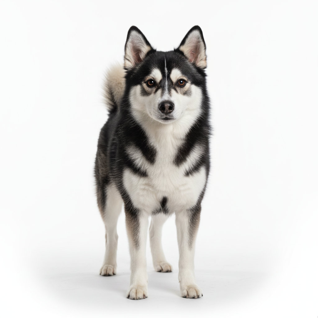 Alaskan Klee Kai im Stand, seitliches Profil, grau-weißes Fell