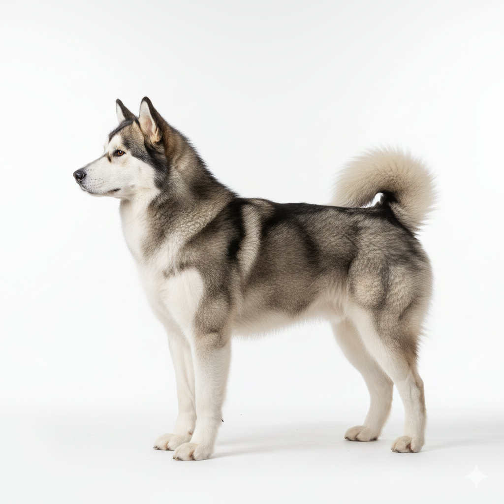 Alaskan Malamute im Stand, seitliches Profil, graues Fell mit weißem