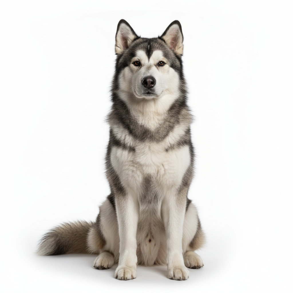 Alaskan Malamute sitzend, frontal fotografiert