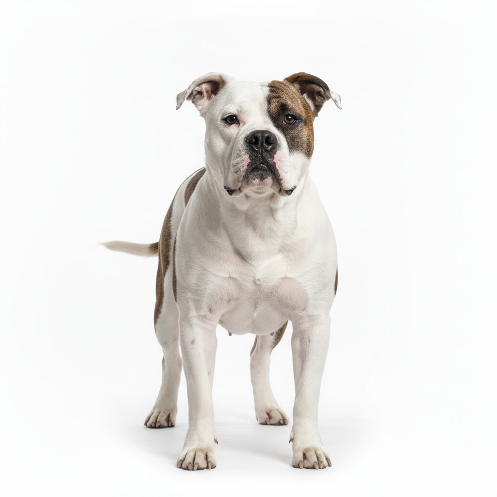 American Bulldog im Stand, seitliches Profil, weißes Fell mit Flecken