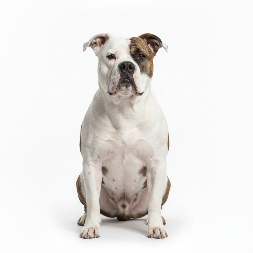 American Bulldog sitzend, frontal fotografiert