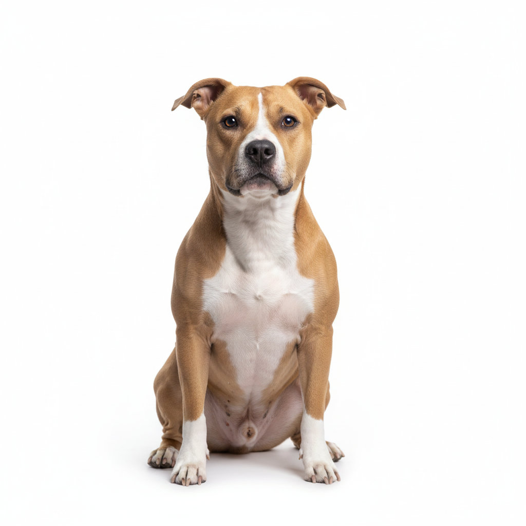 American Pit Bull Terrier sitzend, frontal fotografiert