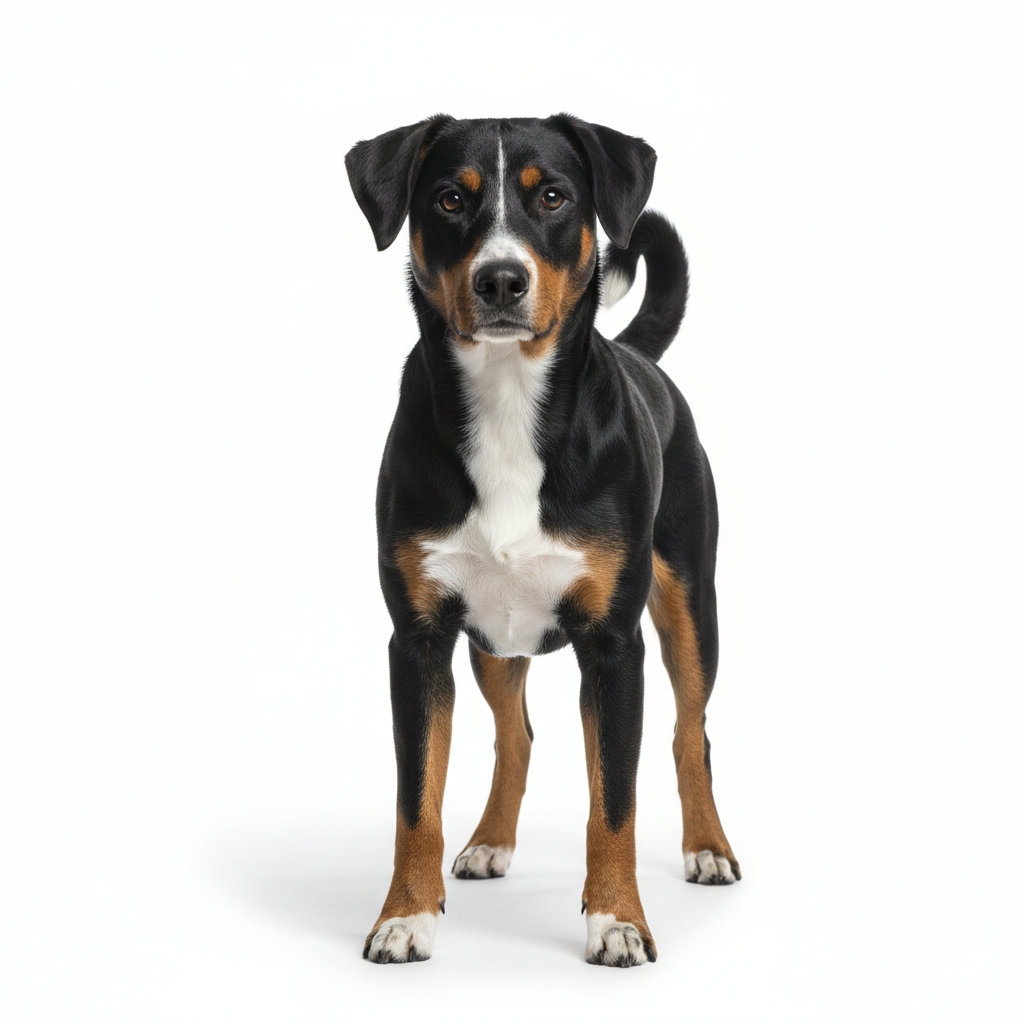 Appenzeller Sennenhund im Stand, seitliches Profil, tricolores Fell