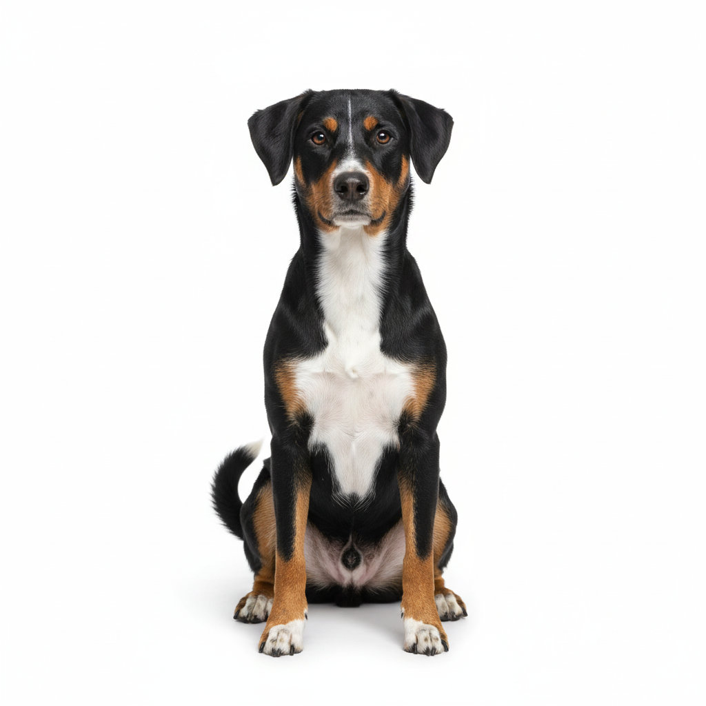 Appenzeller Sennenhund sitzend, frontal fotografiert