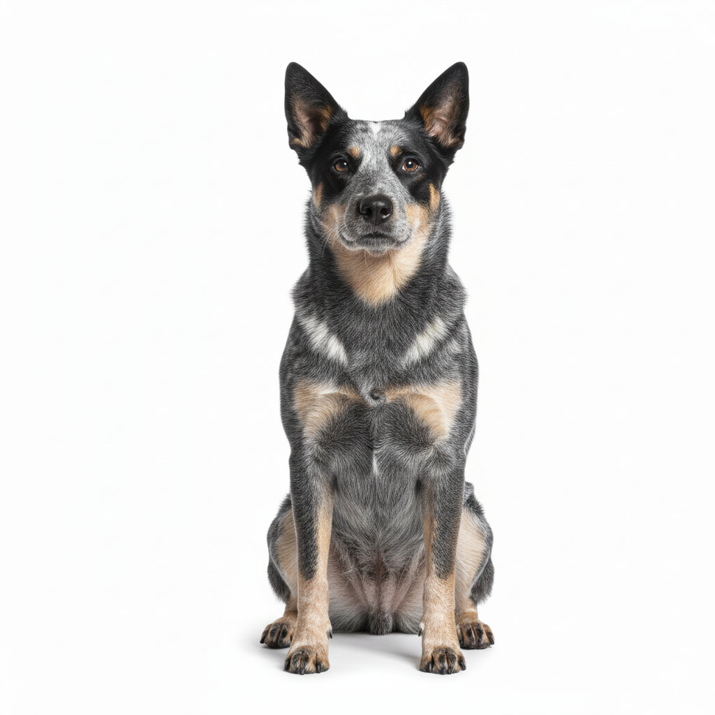 Australian Cattle Dog sitzend, frontal fotografiert