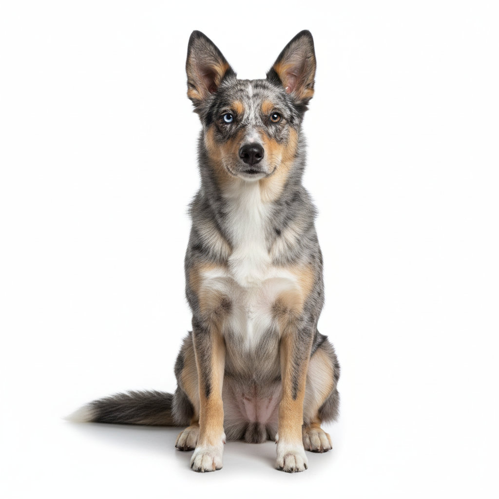 Australian Koolie sitzend, frontal fotografiert