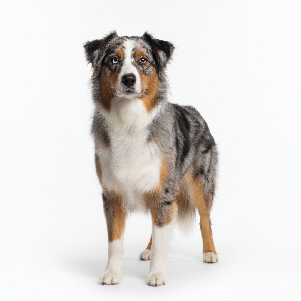 Australian Shepherd im Stand, seitliches Profil, merle Fell