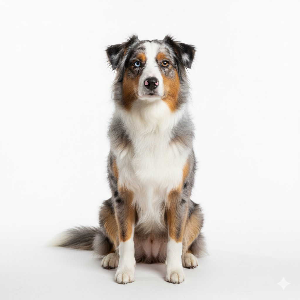 Australian Shepherd sitzend, frontal fotografiert