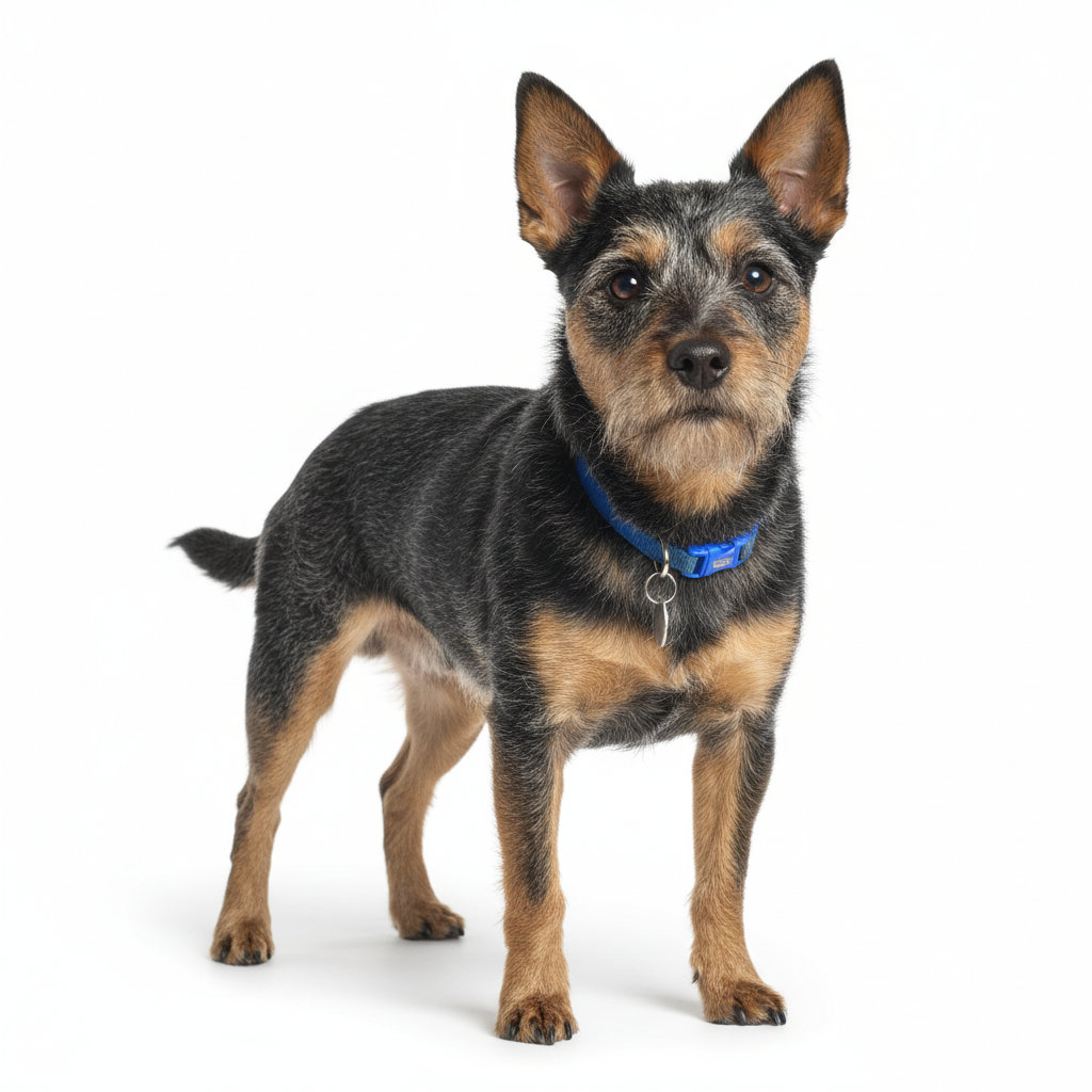 Australian Terrier im Stand, seitliches Profil, blaues Fell mit braunen Abzeichen