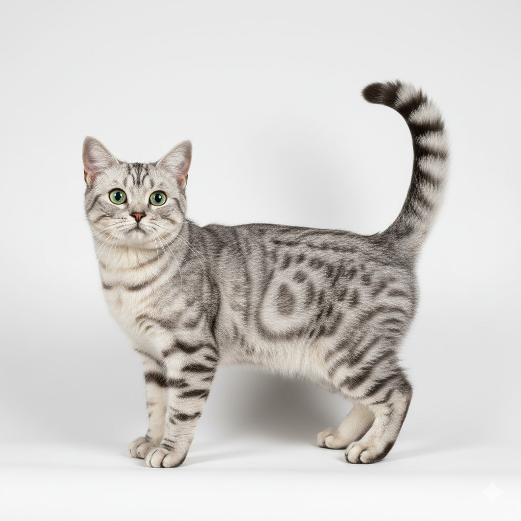 American Shorthair im Stand, seitliches Profil, silbernes Tabby-Fell