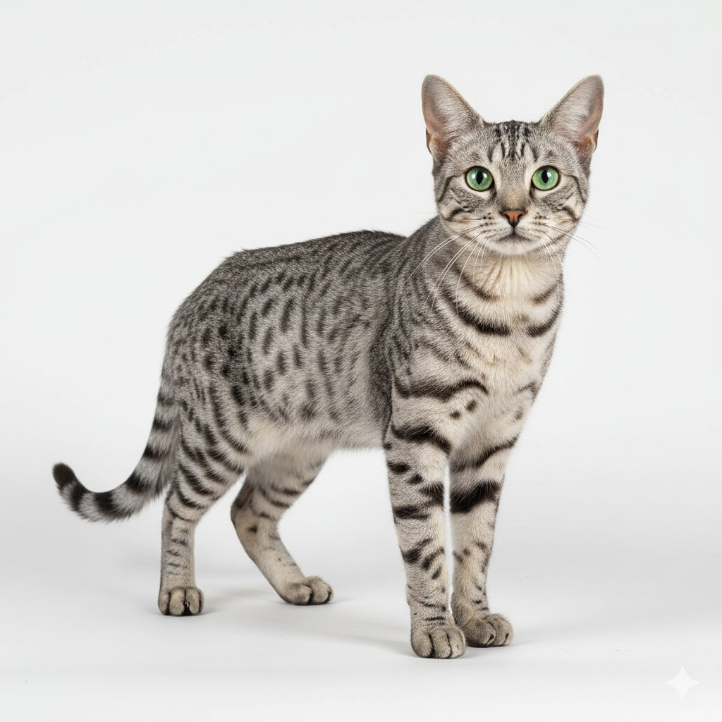 American Wirehair im Stand, seitliches Profil, drahtiges Fell
