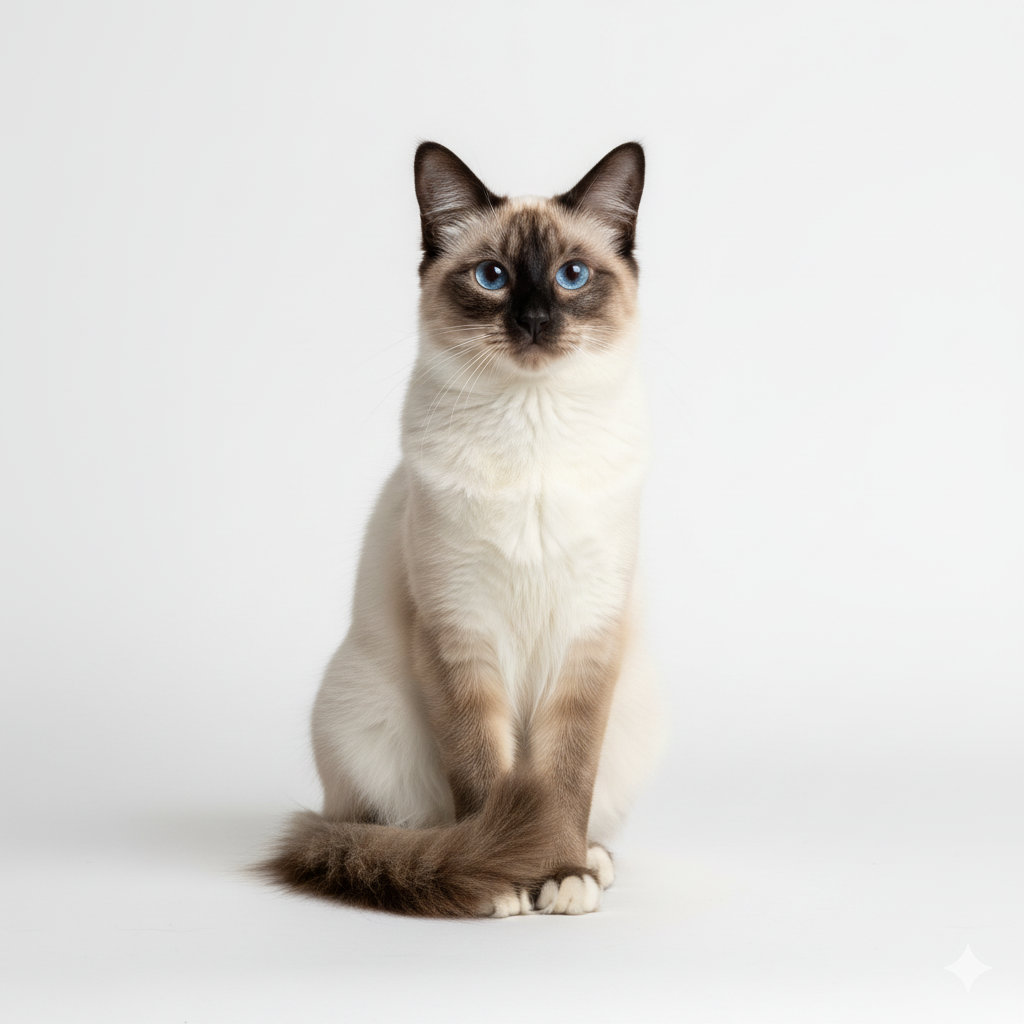 Balinesische Katze sitzend, frontal fotografiert