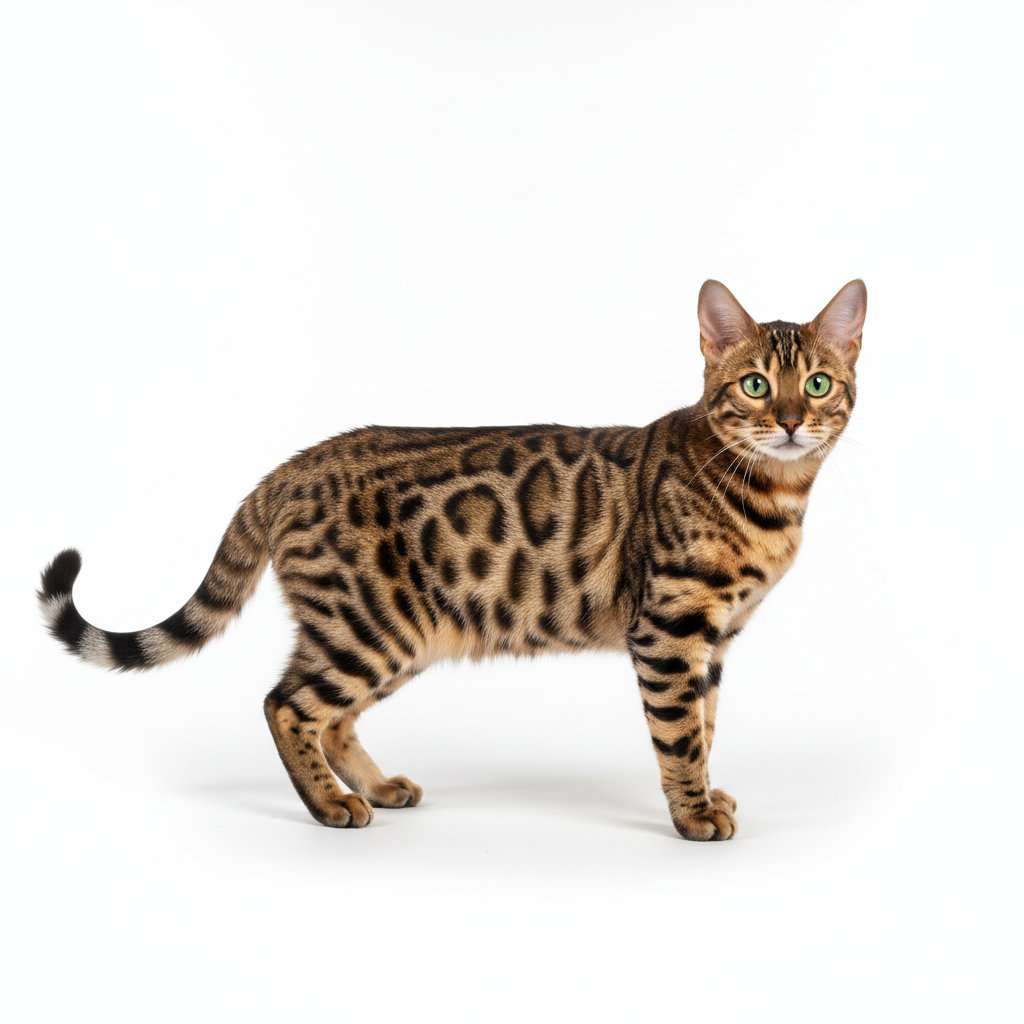 Bengalkatze im Stand, seitliches Profil, geflecktes Fell