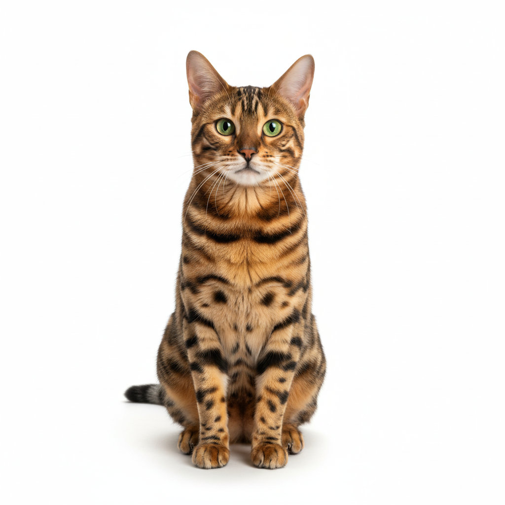 Bengalkatze sitzend, frontal fotografiert