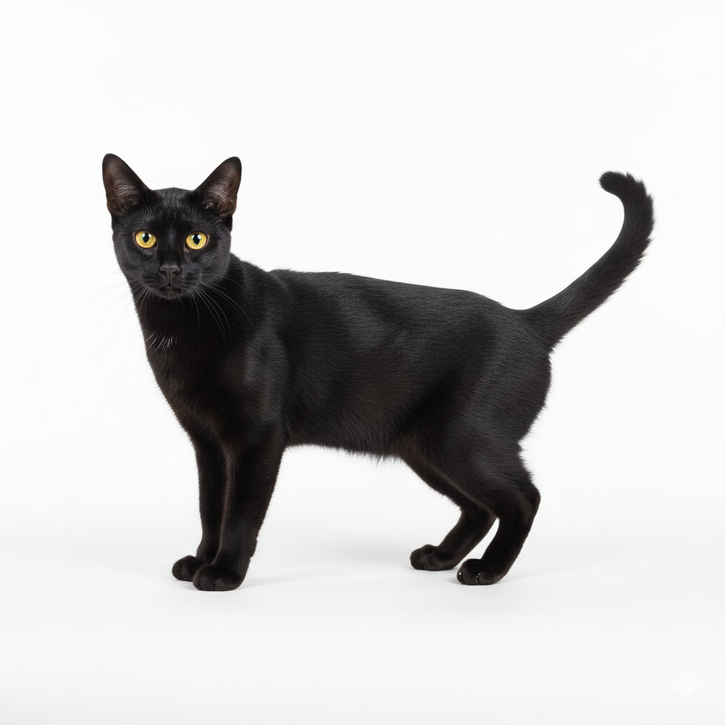 Bombay-Katze im Stand, seitliches Profil, schwarzes Fell