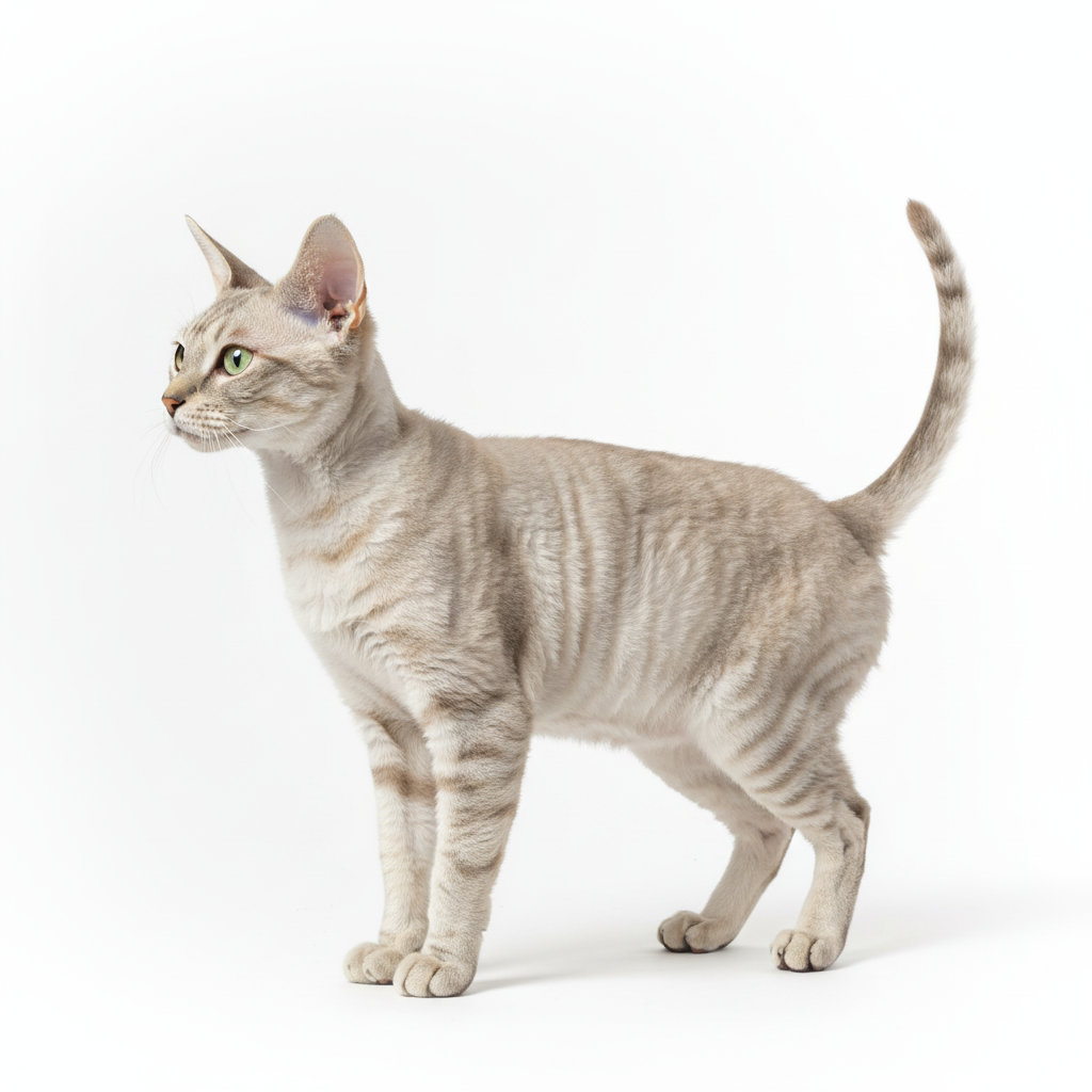 Cornish Rex im Stand, seitliches Profil, welliges Fell