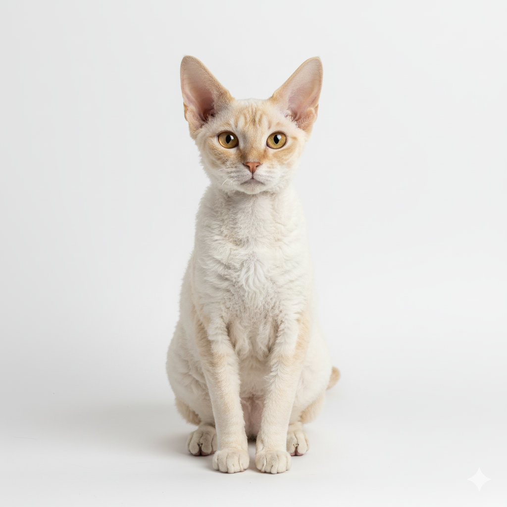 Cornish Rex sitzend, frontal fotografiert