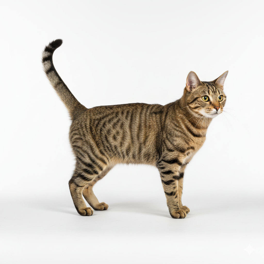 Deutsche Kurzhaarkatze im Stand, seitliches Profil, getigertes Fell