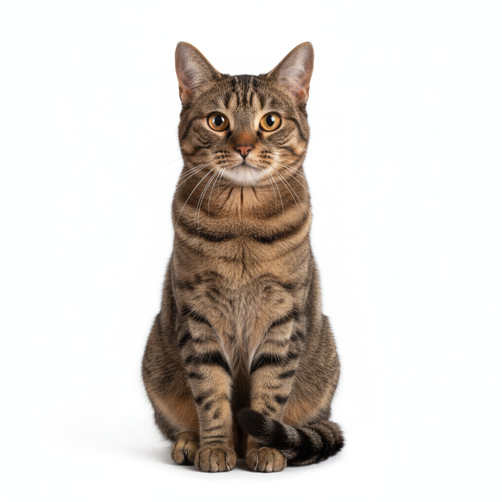 Deutsche Kurzhaarkatze sitzend, frontal fotografiert