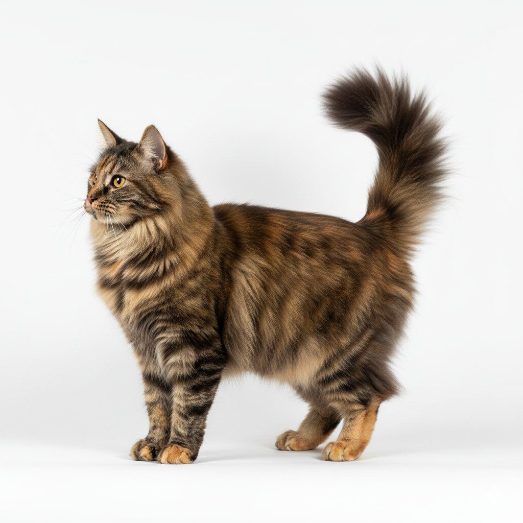 Deutsche Langhaarkatze im Stand, seitliches Profil, langes Fell